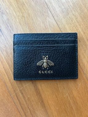 Gucci Black Leather Card Holder with Gold Bee Emblem